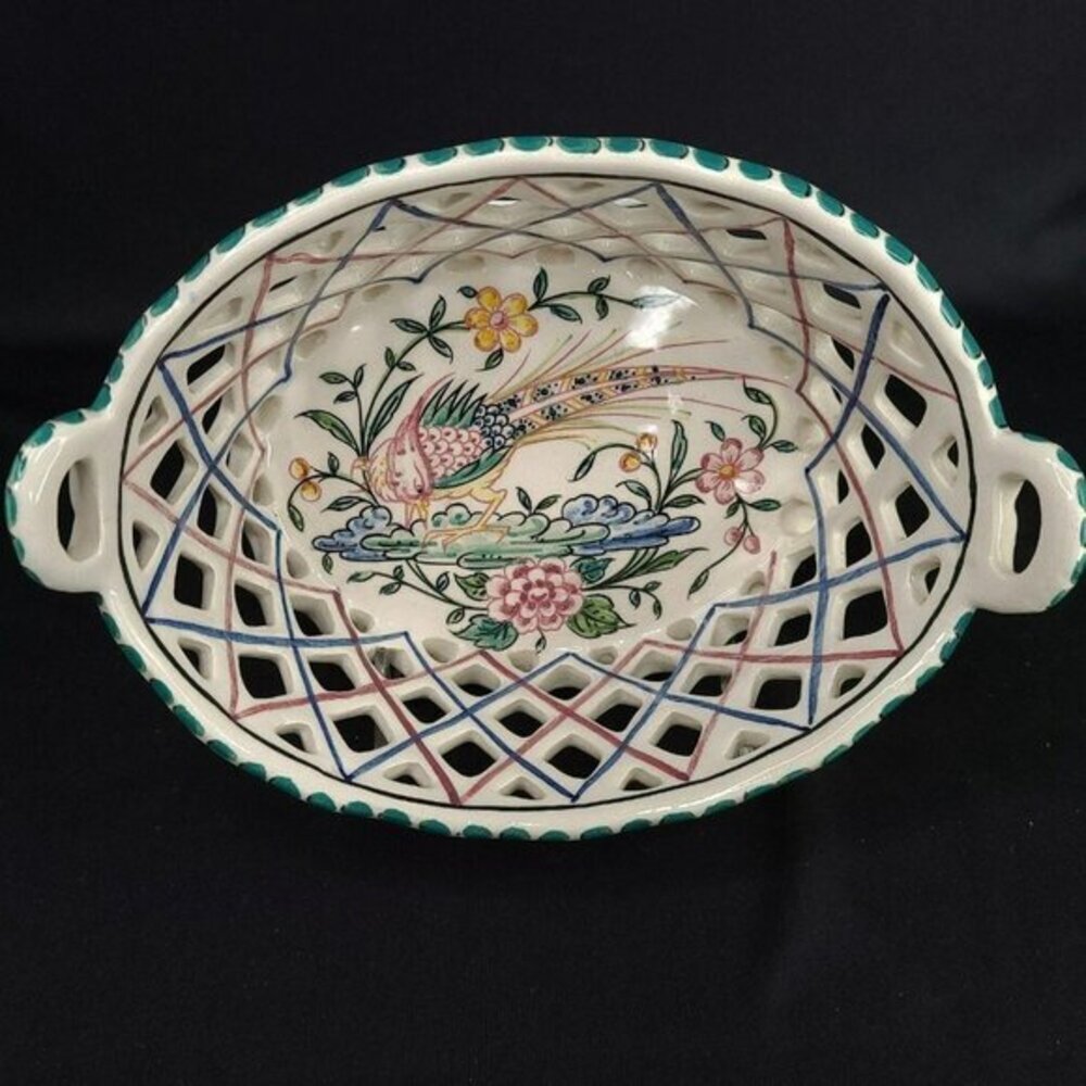 Outeiro Agueda Oval Bowl Reticulated Bird Portugal Pierced Signed Vintage‎ READ